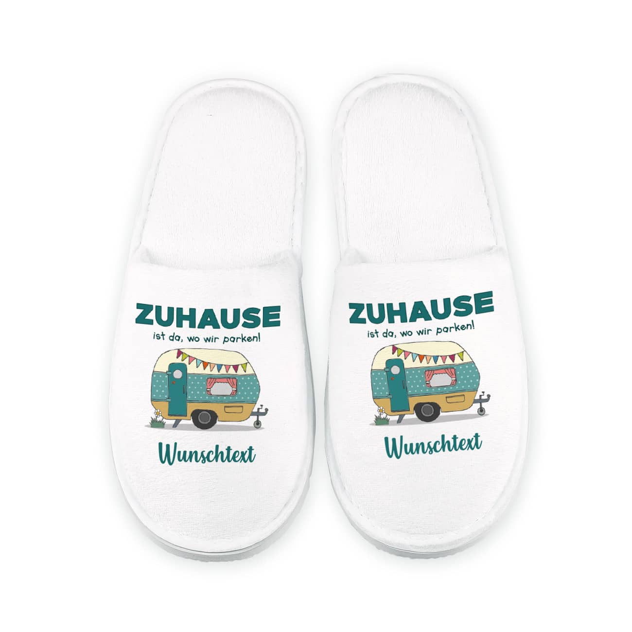 Camping Slipper mit Wohnwagen und Wunschtext