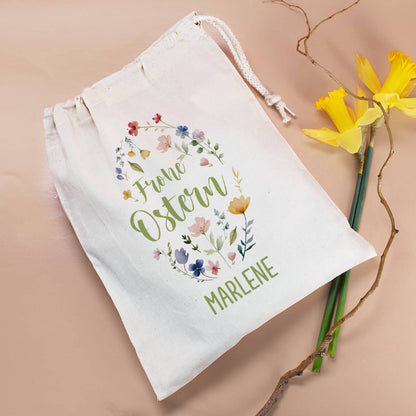 Frohe Ostern Osternest Geschenksack mit Blumen-Motiv & Name, 25x32 cm