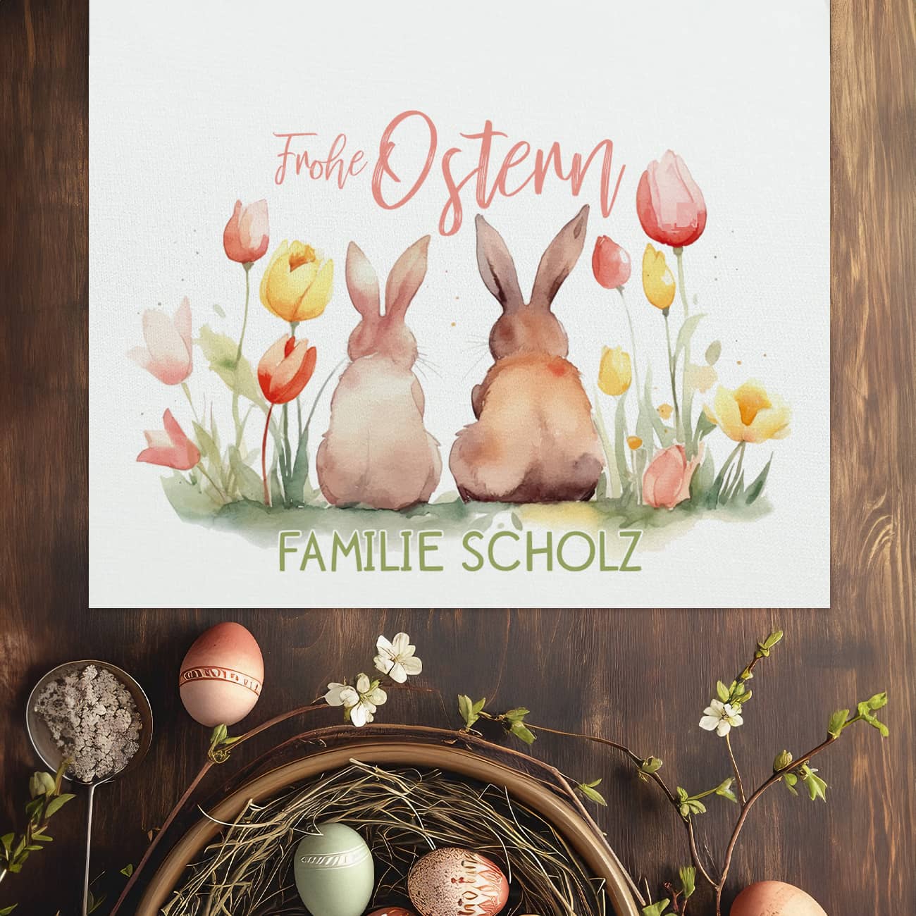 Frohe Ostern - Dekoration zu Ostern - Tischläufer mit Hasen und Wunschtext