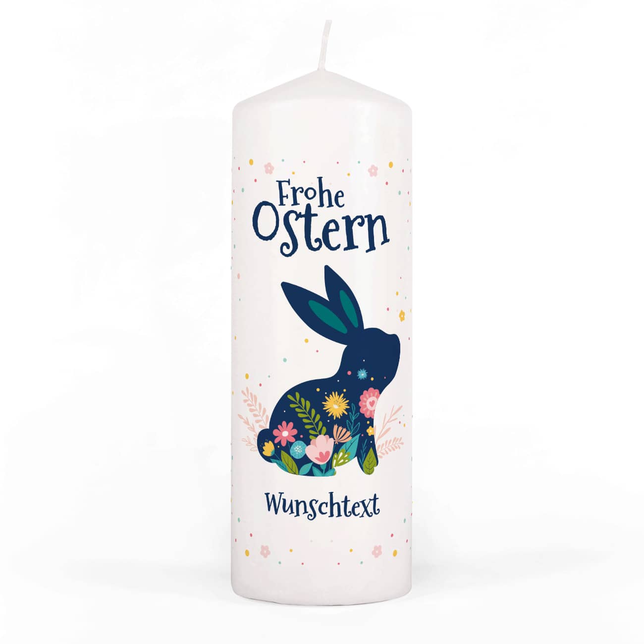 Frohe Ostern - Osterkerze mit buntem Hasen und Wunschtext