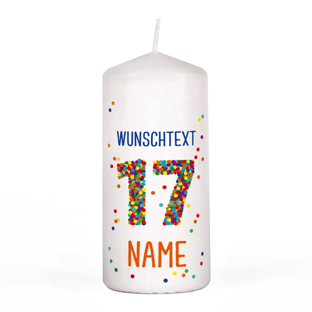 Kerze zum 17. Geburtstag mit Konfetti-Zahl, Name und Wunschtext