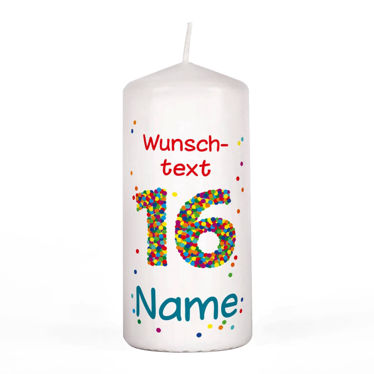 Kerze zum 16. Geburtstag mit großer Konfetti Zahl, Name und Wunschtext