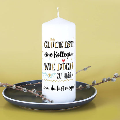 Glück ist eine Kollegin wie dich zu haben. Kerze mit zwei Zeilen Text individuell gestaltet