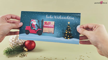 Geldgeschenk zu Weihnachten - Ziehkarte mit Gabelstapler & Wunschtext