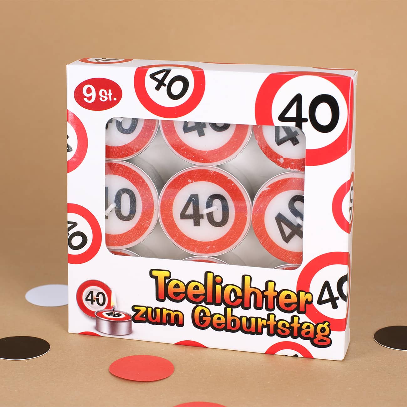 9 Teelichter mit Verkehrsschild Motiv zum 40. Geburtstag