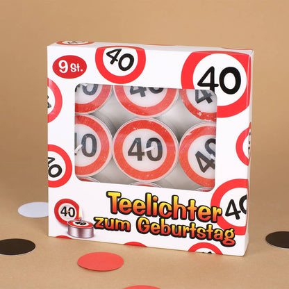 9 Teelichter mit Verkehrsschild Motiv zum 40. Geburtstag