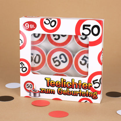 9 Teelichter mit Verkehrsschild Motiv zum 50. Geburtstag