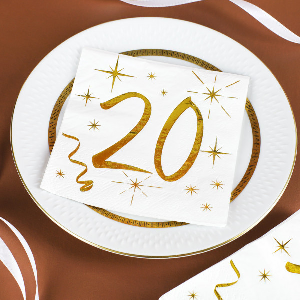 Servietten zum 20. Geburtstag in Weiß mit goldener Schrift