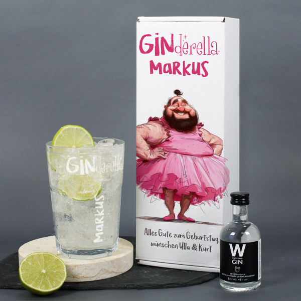 Geschenkbox mit Text personalisiert, Wüstefeld Gin & graviertes Glas