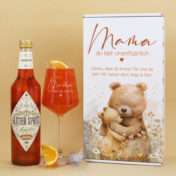 Glitter Spritz Set mit graviertem Weinglas & personalisierter Geschenkbox zum Muttertag
