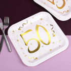 Quadratische Pappteller mit Gold-Metallic zum 50. Geburtstag