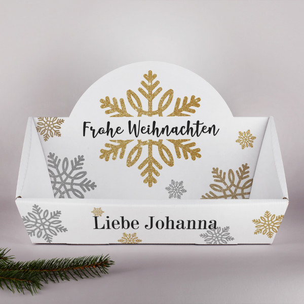 Geschenkkorb zur Weihnachten mit Schneeflocken und Name bedruckt