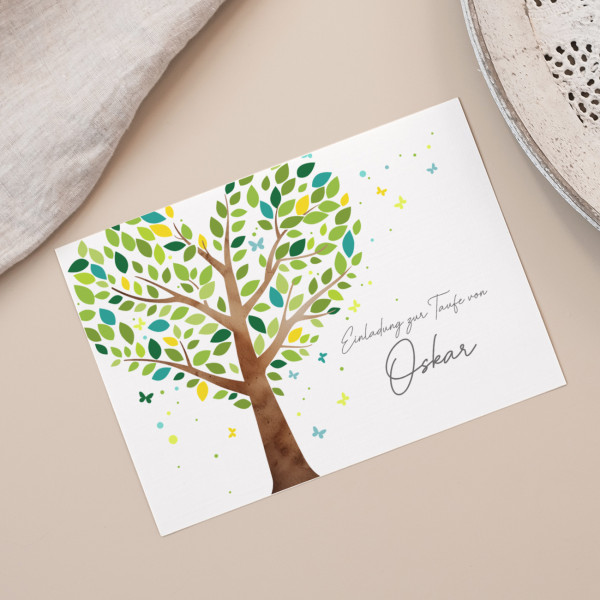 Einladungskarte - Lebensbaum grün-türkis - zur Taufe