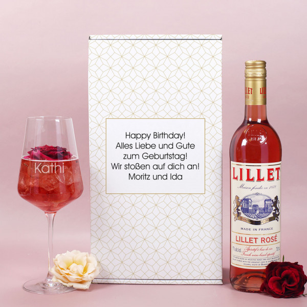 Lillet Geschenkset mit graviertem Weinglas für verschiedene Anlässe