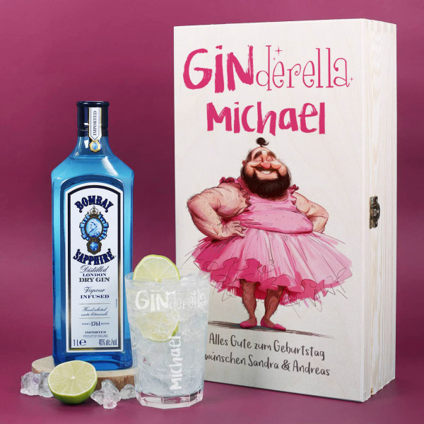 Ginderella - Set mit Gin, graviertem Glas & lustiger Geschenkkiste mit personalisiertem Druck