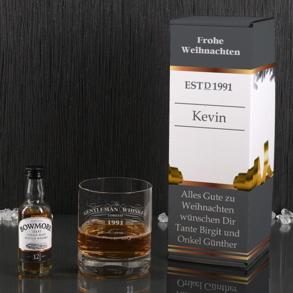 Whiskyfläschchen im Geschenkset mit individuellem Glas in origineller Verpackung