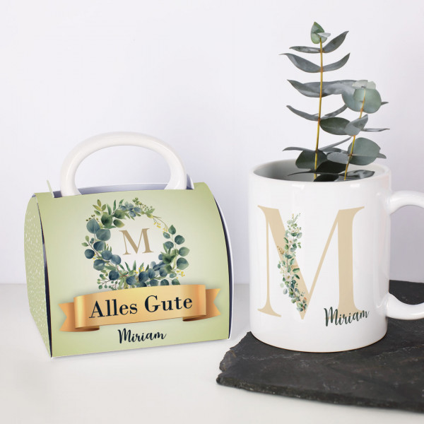 Tasse mit Name & Monogramm in Tassentasche mit Eukalyptus-Motiv