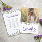 Lila Dankeskarte mit Blumenmotiv und Foto zur Taufe, Kommunion oder Konfirmation