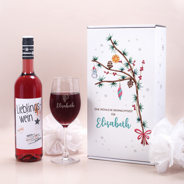 Wein-Geschenkset zu Weihnachten mit Lieblingswein, Weinglas in festlicher Geschenkbox