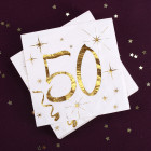 Weiße Servietten zum 50. Geburtstag in Gold-Metallic