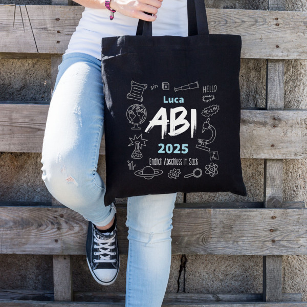 Baumwolltasche zum bestandenen Abitur mit Name, Jahr und Wunschtext