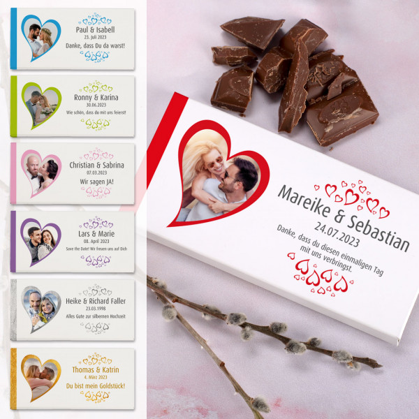 100g Vollmilchschokolade als Gastgeschenke zur Hochzeit mit Herzen, Foto  und Wunschtext