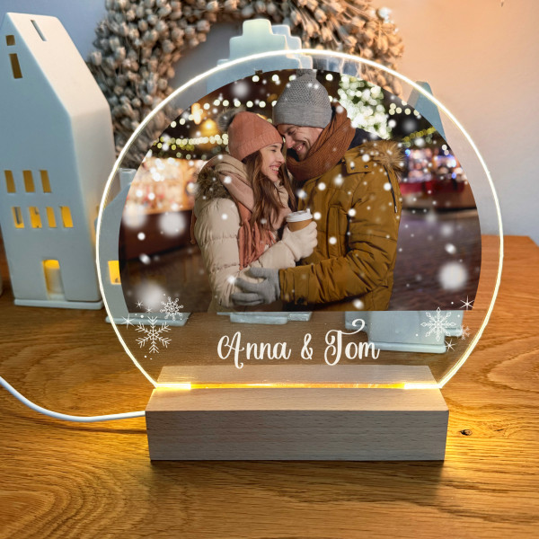 LED Acrylglas Lampe bedruckt mit Foto, Schneeflocken und Name