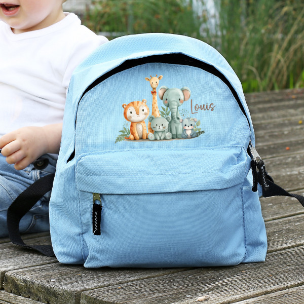 Hellblauer Kinderrucksack mit Safari Tieren und Namensaufdruck