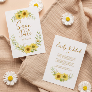 Personalisierte Save the Date Karte mit Sonnenblumen als Motiv