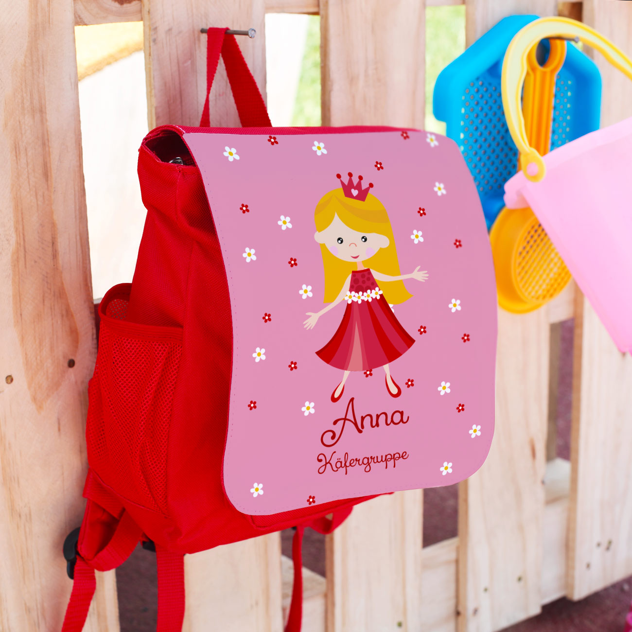 roter Rucksack für Kinder mit süßer Prinzessin, Name des Kindes und  Zusatztext