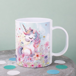 Einhorn Kunststofftasse mit Name für Kinder