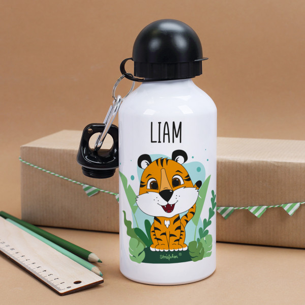 Weiße Trinkflasche mit Tiger Motiv und Name bedruckt