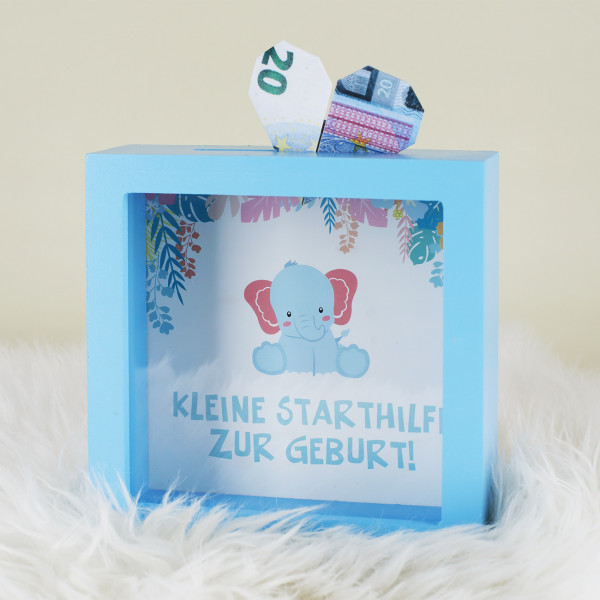 Bilderrahmenspardose in Blau zur Geburt mit Elefant als Motiv