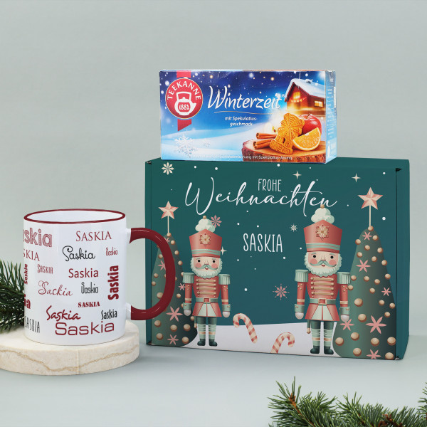 Frohe Weihnachten - Geschenkset mit Teekanne Tee und Namenstasse