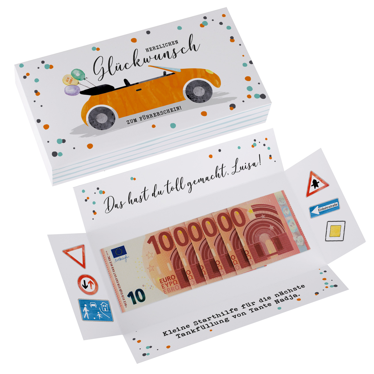 Geldgeschenk Tanken Gutschein Fahrschule - mit Name Wunschtext - Führerschein  Geschenk Auto - ca. 19 x 13 cm 