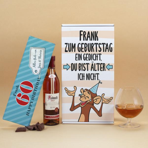 Asbach Uralt Geschenkset mit Schokolade, Geschenkverpackung und Glas mit Gravur