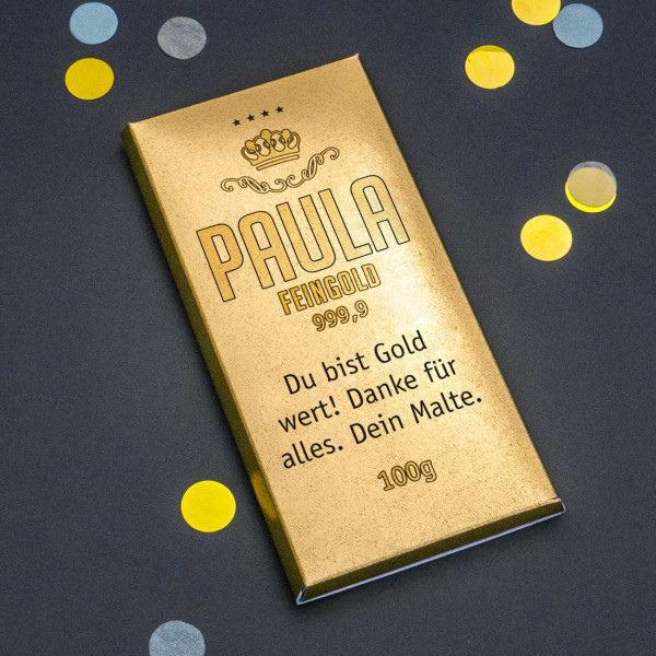 Schokolade in Goldbarren-Optik mit Name und Wunschtext, 100g