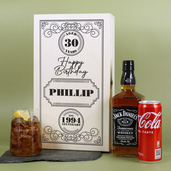 Jack Daniel's Geschenkset mit Holzkiste, Trinkglas, Flasche Whiskey & Dose Cola