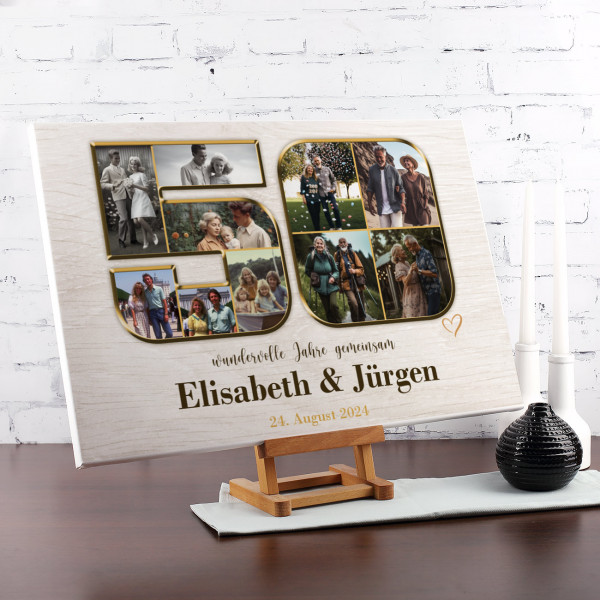 Foto-Leinwand zur Goldenen Hochzeit mit 10 Bildern & Wunschtext, 60x40cm