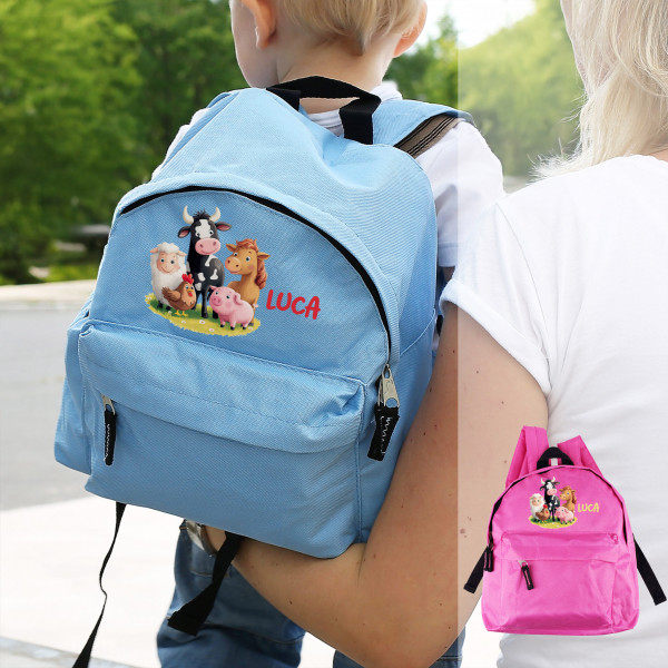 Kinderrucksack in Hellblau & Rosa mit Bauerhof-Tieren und Name