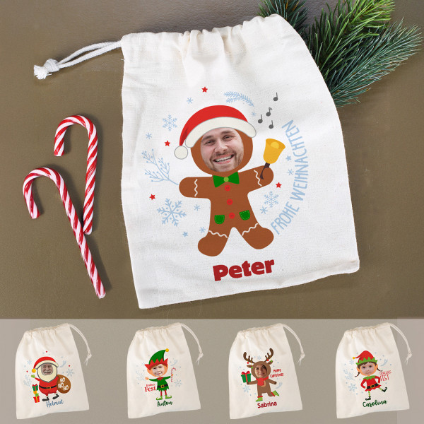 Kleiner Geschenksack mit Weihnachtsfigur, Foto & Name - 5 Motive wählbar