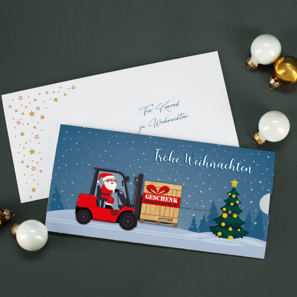 Geldgeschenk zu Weihnachten - Ziehkarte mit Gabelstapler & Wunschtext
