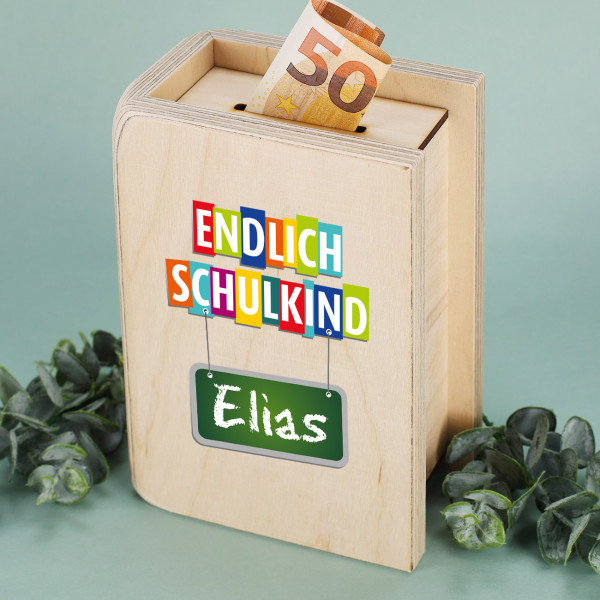 Endlich Schulkind - Holzspardose zur Einschulung mit Name