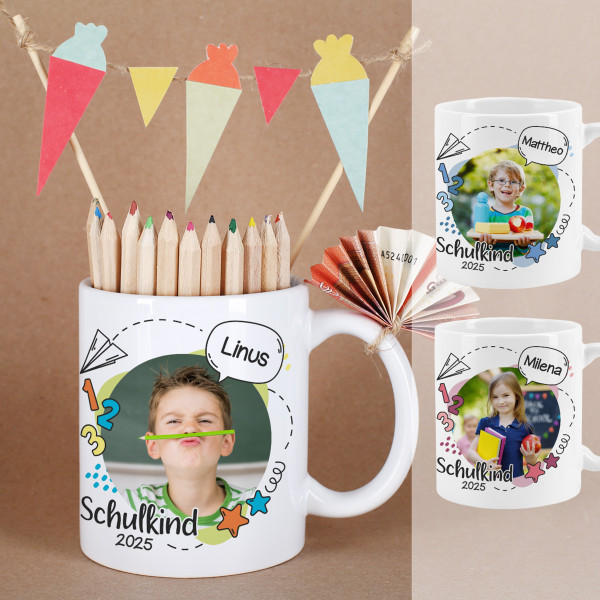 Tolle Tasse zur Einschulung mit Foto in drei Farbvarianten