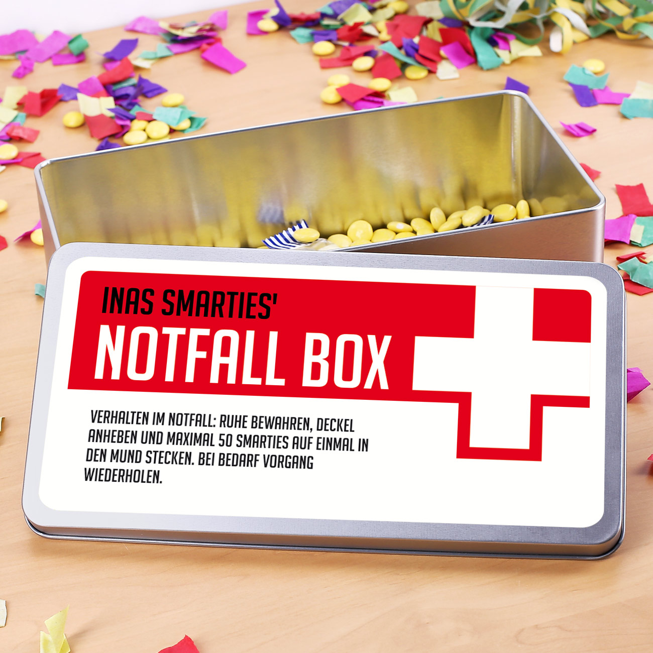 Geschenkdose Notfallbox mit persönlichem Aufdruck