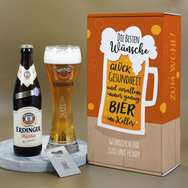 Geschenkset mit lustigem Spruch für Männer mit Flaschenöffner, Erdinger 0,5L, Weizenbierglas und einer personalisierten Geschenkverpackung