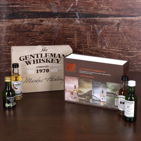 Vier der weltbesten torfigen Whiskys im Geschenk-Set mit persönlicher  Geschenkverpackung und Ihrem Wunschnamen bedruckt