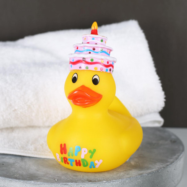 Witzige Quietsche-Ente Happy Birthday mit Torten-Hut