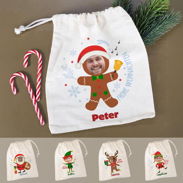 Kleiner Geschenksack mit Weihnachtsfigur, Foto & Name - 5 Motive wählbar