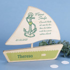 Holzboot - Meine Taufe - mit Anker und Ihren Wunschangaben in grün